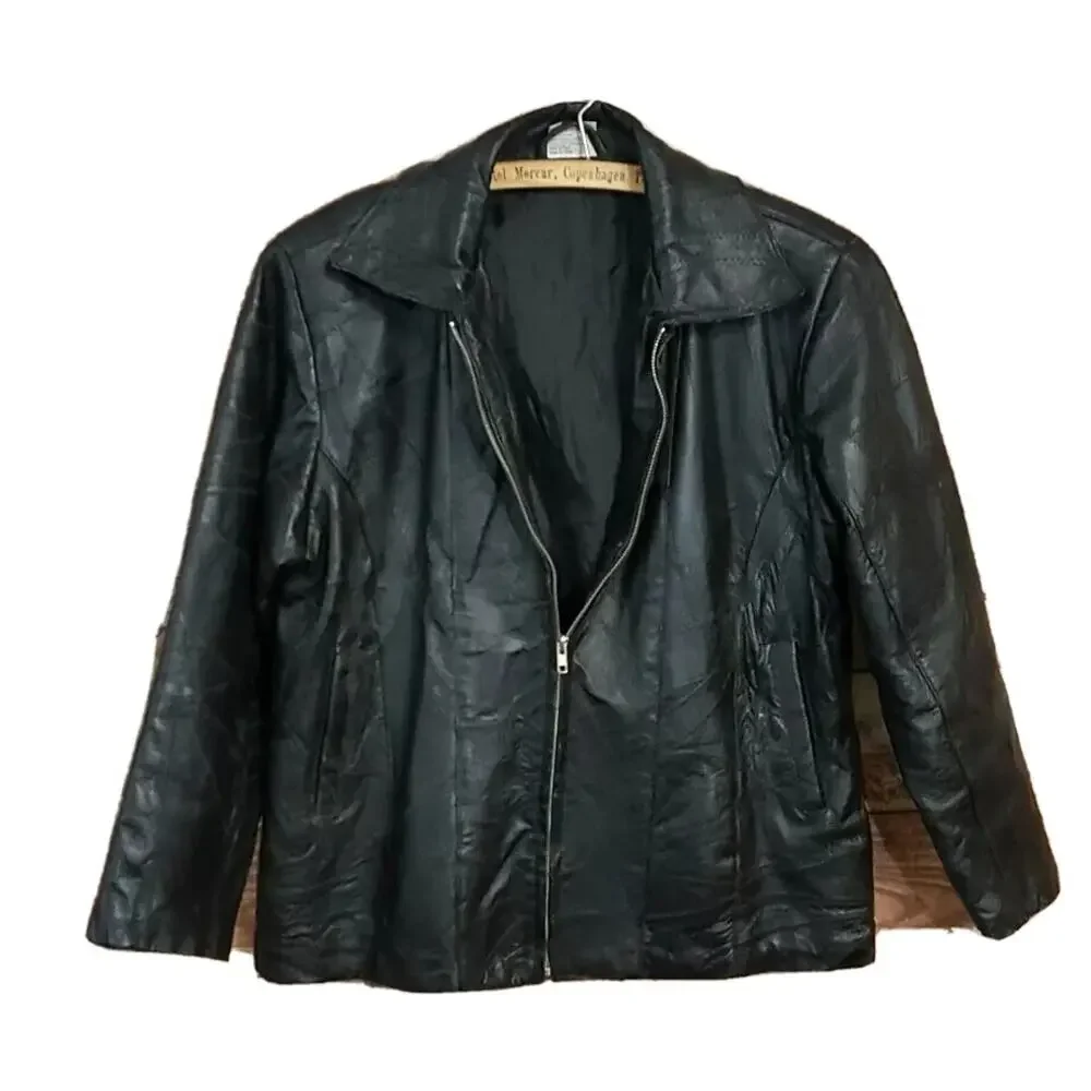 Flight Path Mens S Motorcycle Jacket Black Leather Biker Full Zip Lined Coat